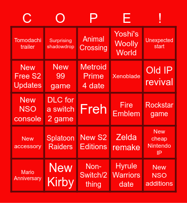Nintendo Direct 9/12/25 Bingo Card
