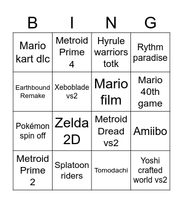 Nintendo direct Bingo Card