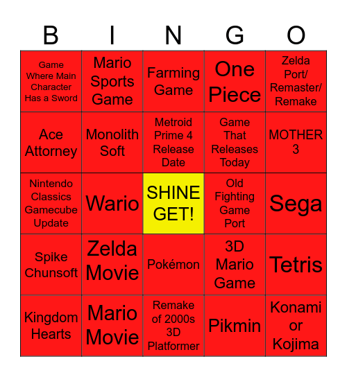 Nintendo Direct 9/12 Bingo Card