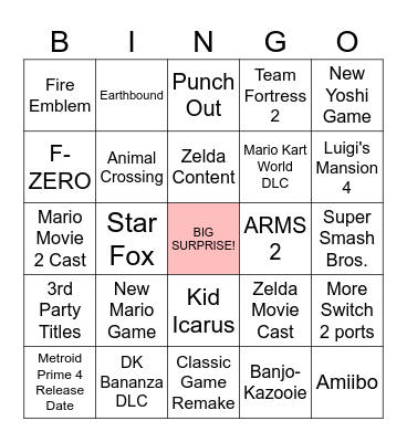 Nintendo Direct Bingo 9.12.2025 Bingo Card