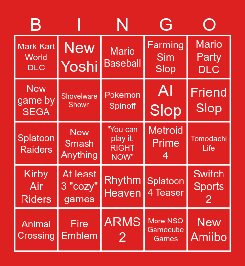 Nintendo Direct 9/12 Bingo Card