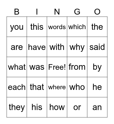 Sight Words Bingo Card