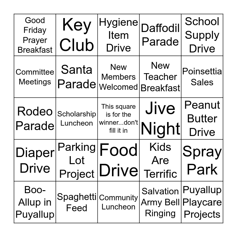 Kiwanis Bingo Card