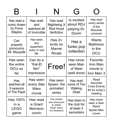 Comic book club human Bingo Card