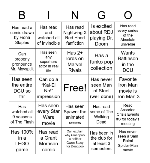 Comic book club human Bingo Card
