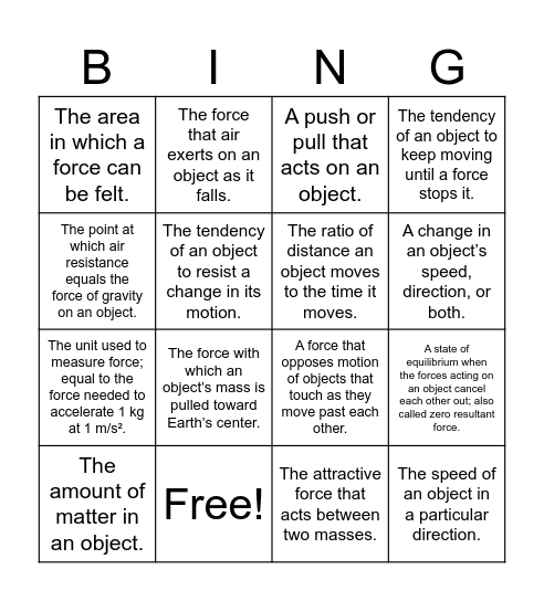 Physics Week 1/2 Bingo Card