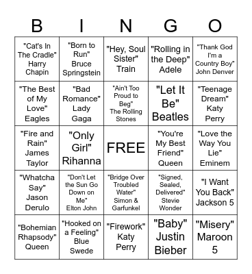 Musical Bingo Card