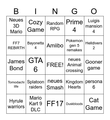 NINTENDO DIRECT Bingo Card