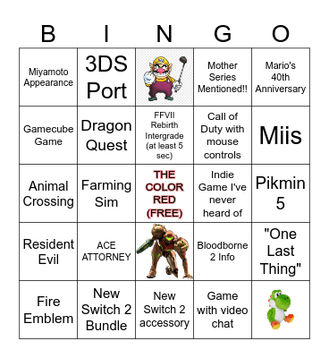 NINTENDO DIRECT 09.12.25 Bingo Card