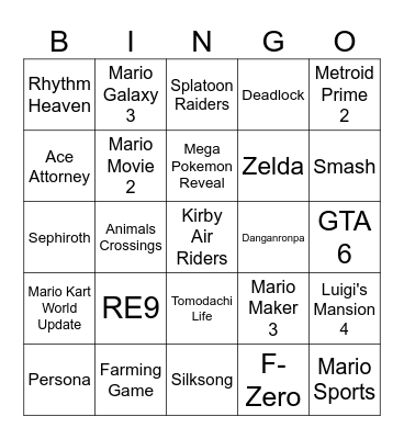 Nintendo Direct 9/12/25 Bingo Card
