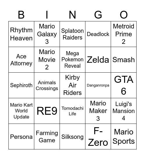 Nintendo Direct 9/12/25 Bingo Card