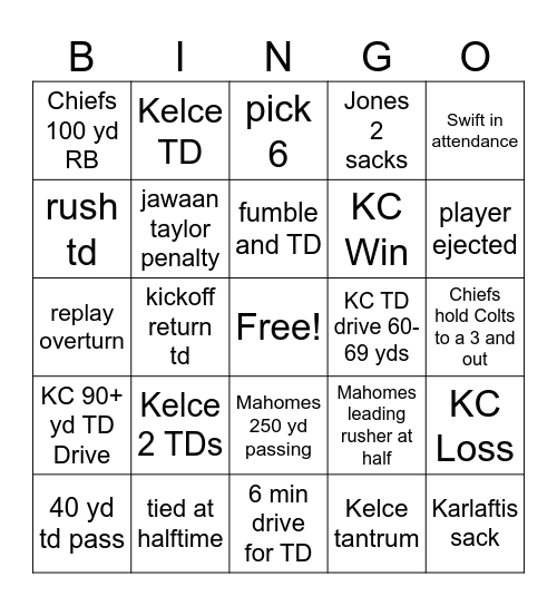 Chiefs Bingo Card