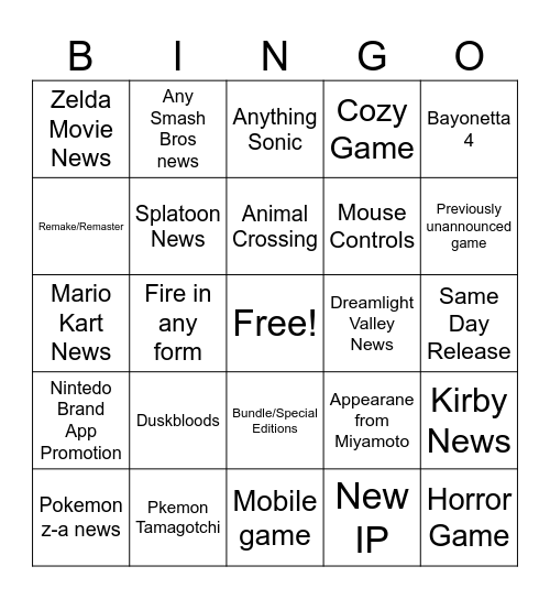 Nintendo Event 2025 Bingo Card