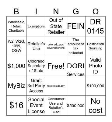 Major Tax Bingo Card