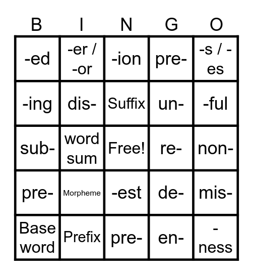 Morphology review: Pre- Bingo Card