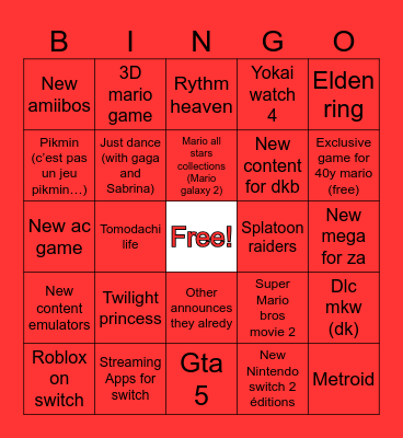 Nintendo direct Bingo Card