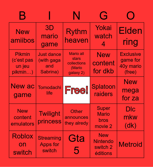 Nintendo direct Bingo Card