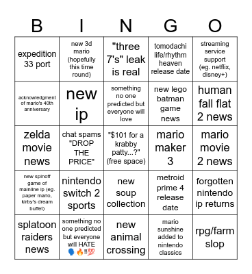 nintendo dihrect 🥀 Bingo Card
