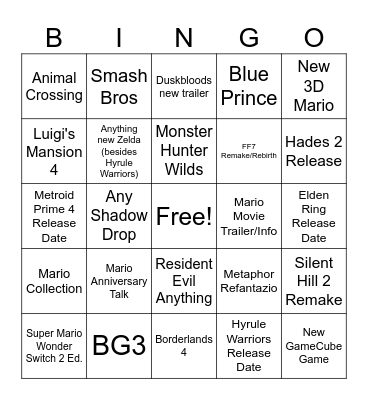Nintendo Direct Bingo! Bingo Card