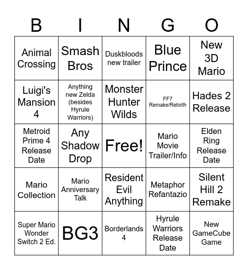 Nintendo Direct Bingo! Bingo Card