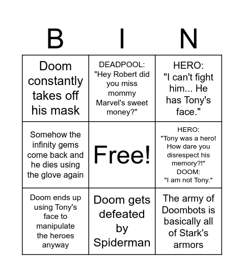 RDJ Doom bingo Card