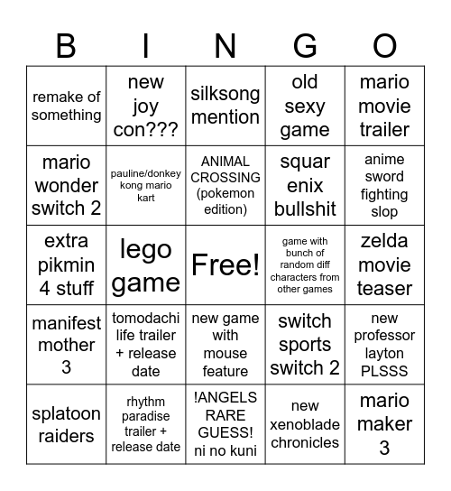nintendo direct predictions Bingo Card
