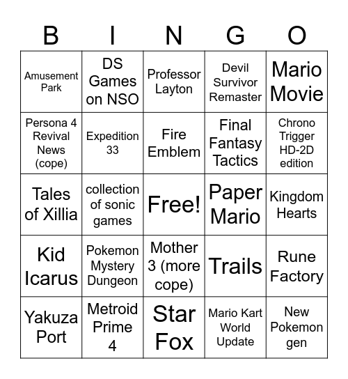 Nintendo Direct Bingo Card