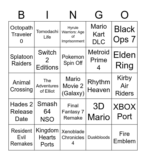 Nintendo Direct 12.09.25 Bingo Card