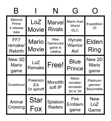 Sept 12th Nintendo Prediction Bingo Card
