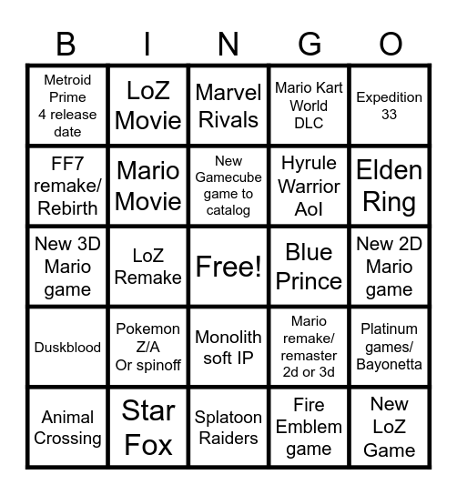 Sept 12th Nintendo Prediction Bingo Card