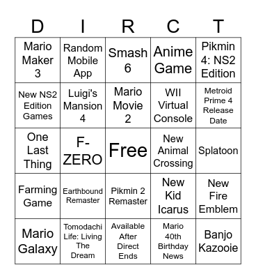 Nintendo Direct 9/12 Bingo Card