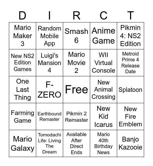 Nintendo Direct 9/12 Bingo Card
