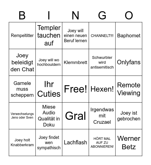 Joey Stream Bingo Card