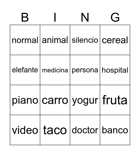 Spanish cognates Bingo Card