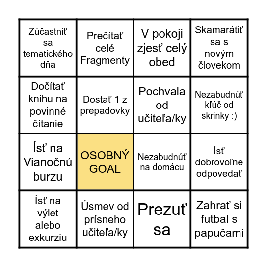 School life Bingo Card