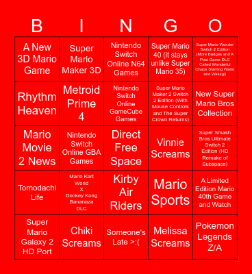 Nintendo Direct Bingo Card