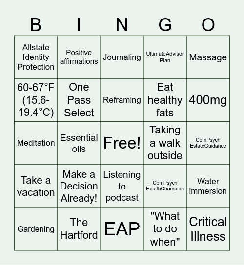 Wellbeing Week 2025 Bingo Card