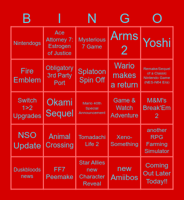 Nintendo Direct 9/12/25 Bingo Card