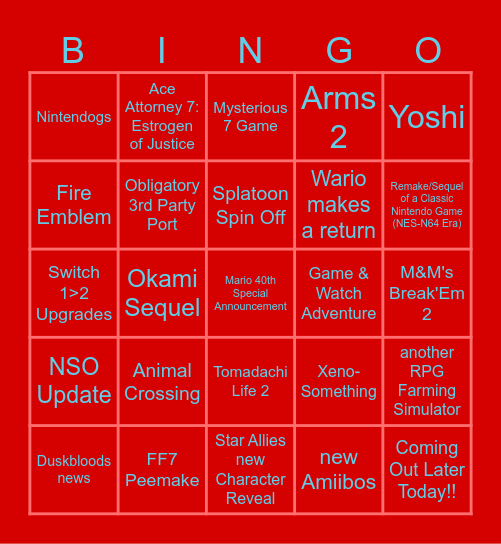 Nintendo Direct 9/12/25 Bingo Card