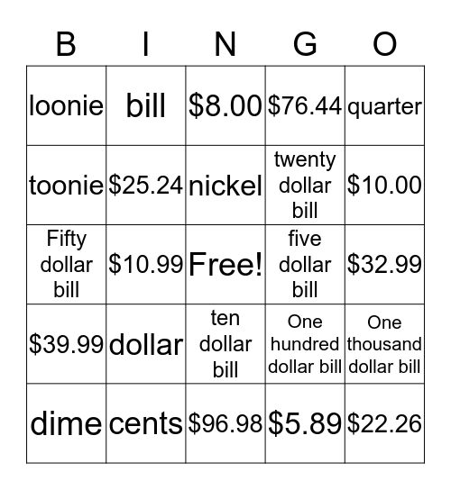 Dollars and Cents Bingo Card
