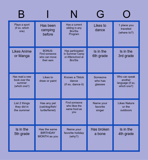 BRO/SIS GET TO KNOW YOU BINGO! Bingo Card