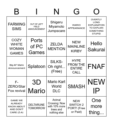 Nintendo Sept Direct Bingo Card