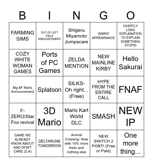 Nintendo Sept Direct Bingo Card