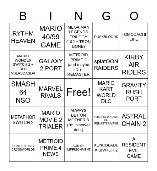 NINTENDO DIRECT 9/12 Bingo Card