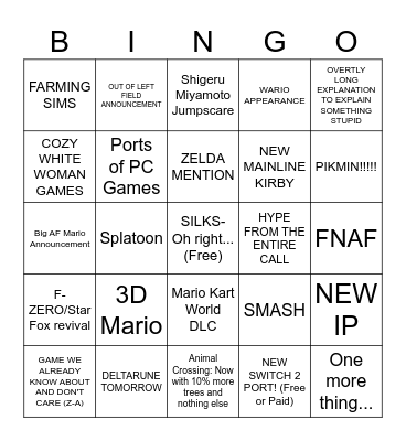 Nintendo Sept Direct Bingo Card