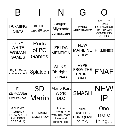 Nintendo Sept Direct Bingo Card