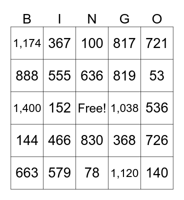 Three Digit Addition Bingo Card