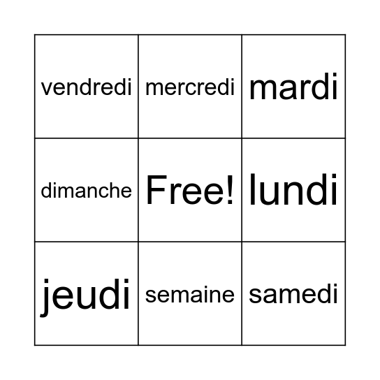 Les jours de la semaine Bingo Card