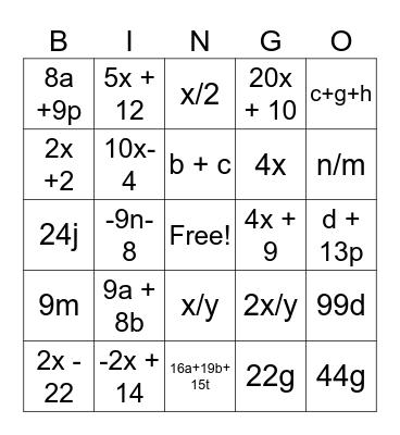 Combine Like Terms-Unit 2 Bingo Card