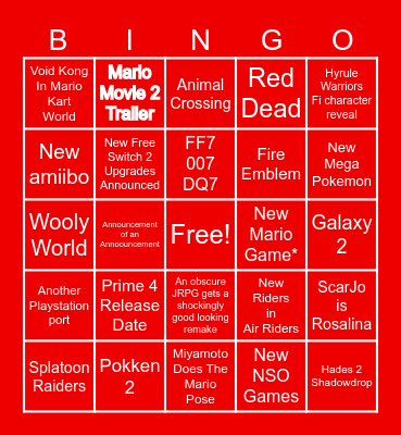 Nintendo Direct Bingo Card